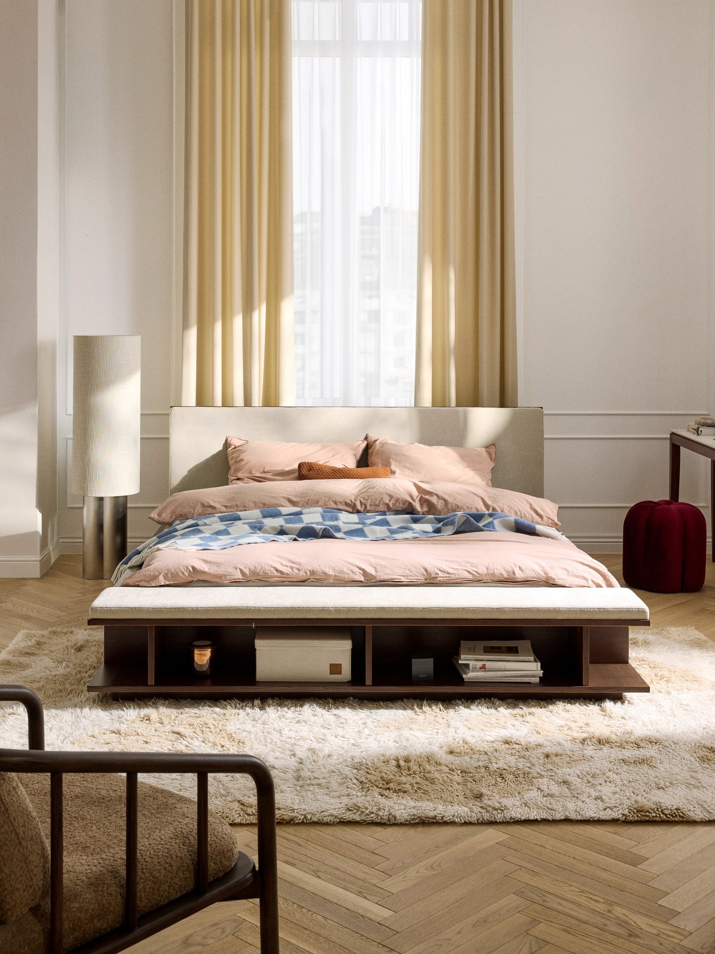 Clarveno Wooden Bed Frame with Bench and Side Shelves