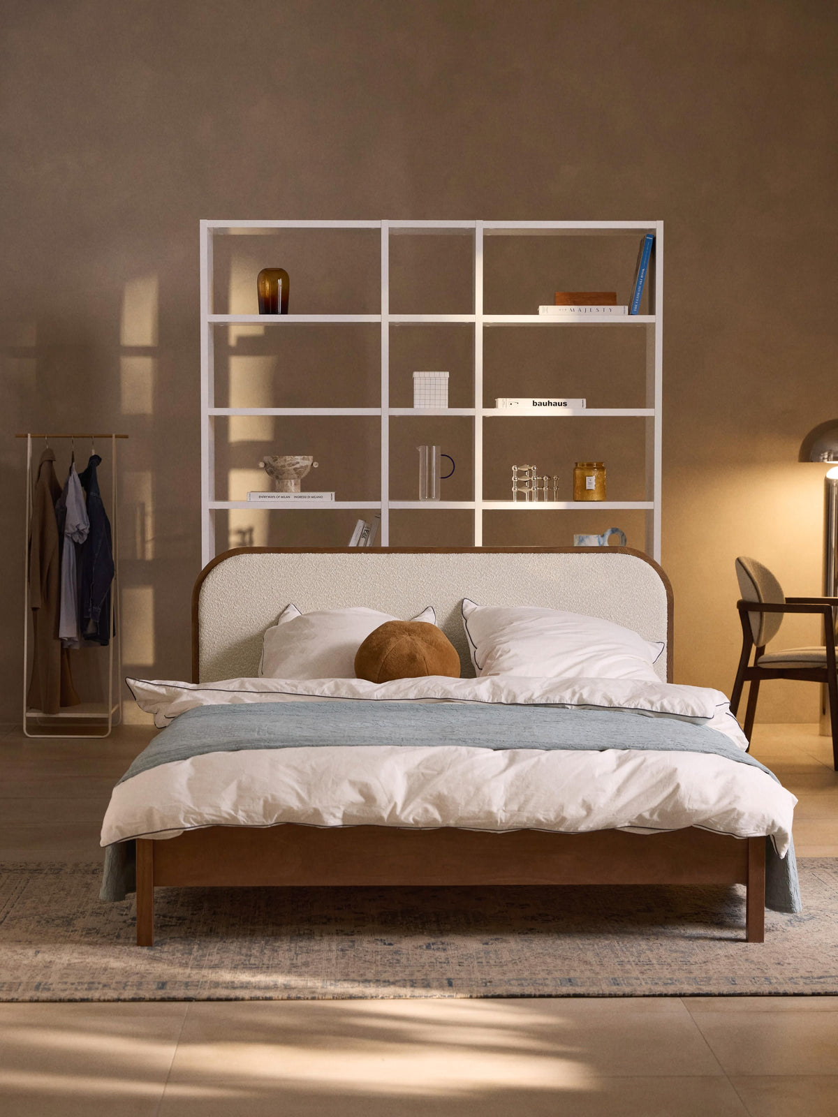 Jonseri Wooden Bed with Bouclé Headboard