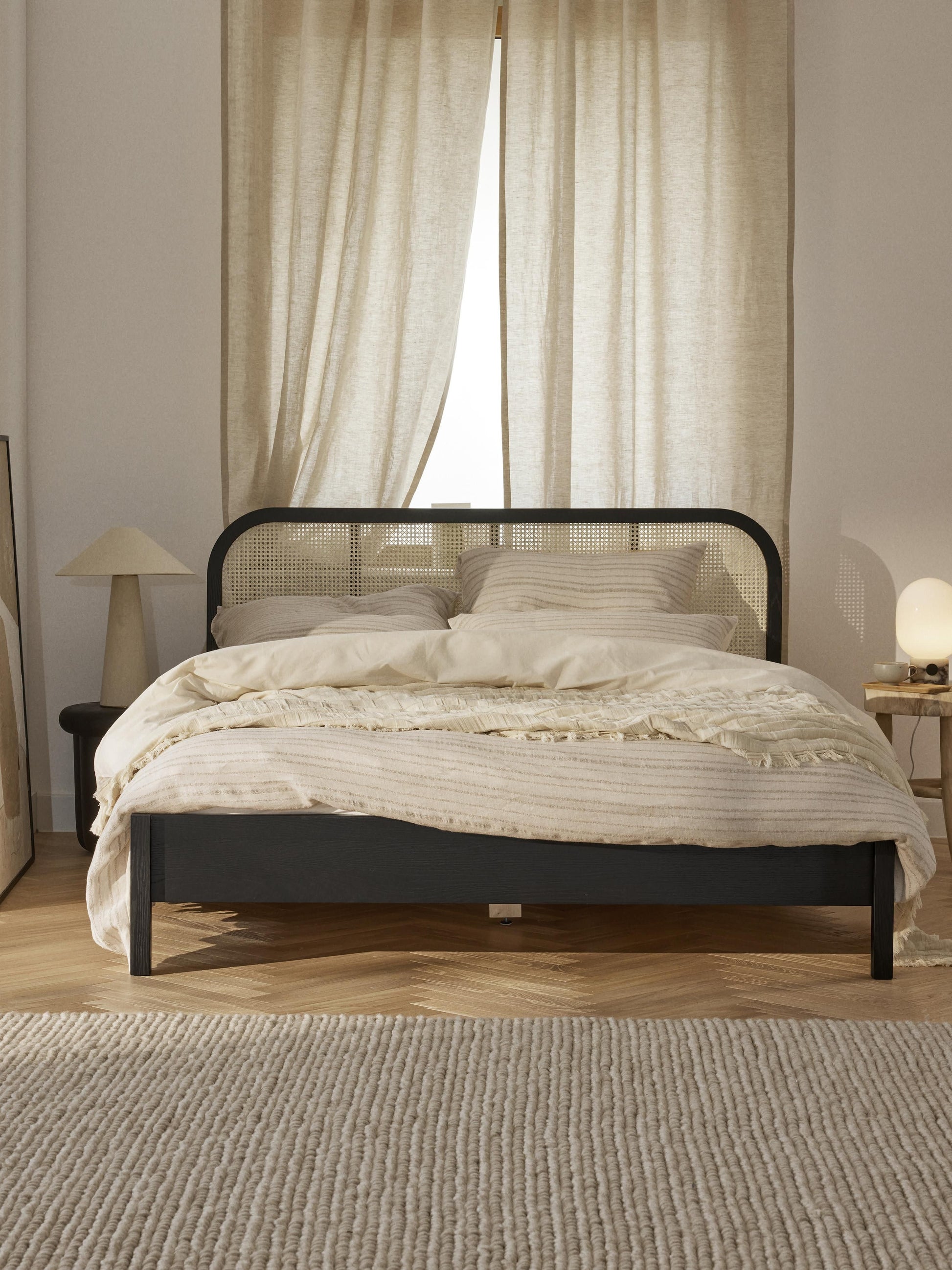 Jonseri Wooden Bed with Headboard in Vienna Cane