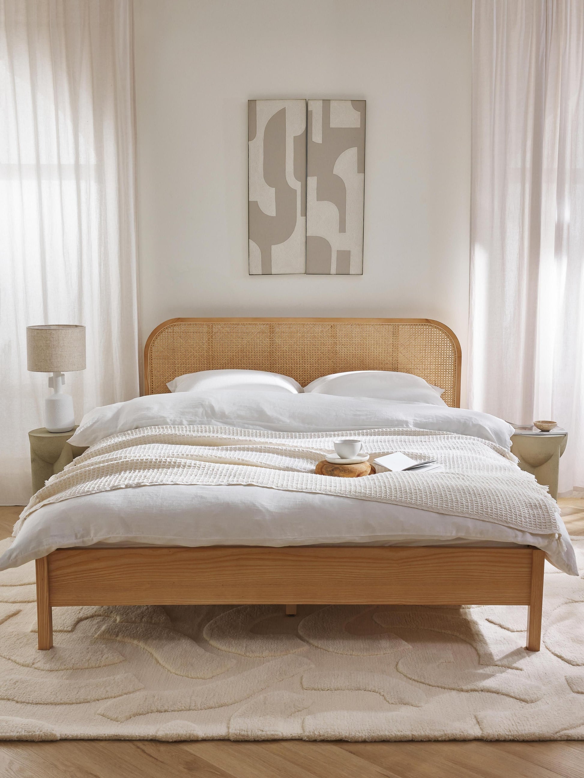 Jonseri Wooden Bed with Headboard in Vienna Cane