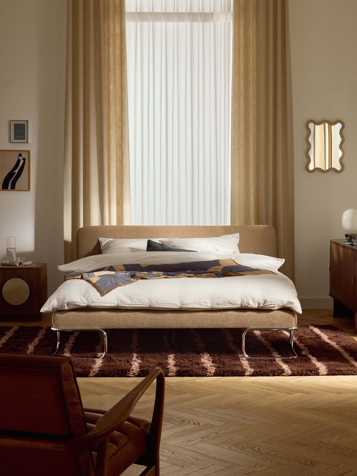 Olisandra Bouclé Upholstered Bed with Metal Legs