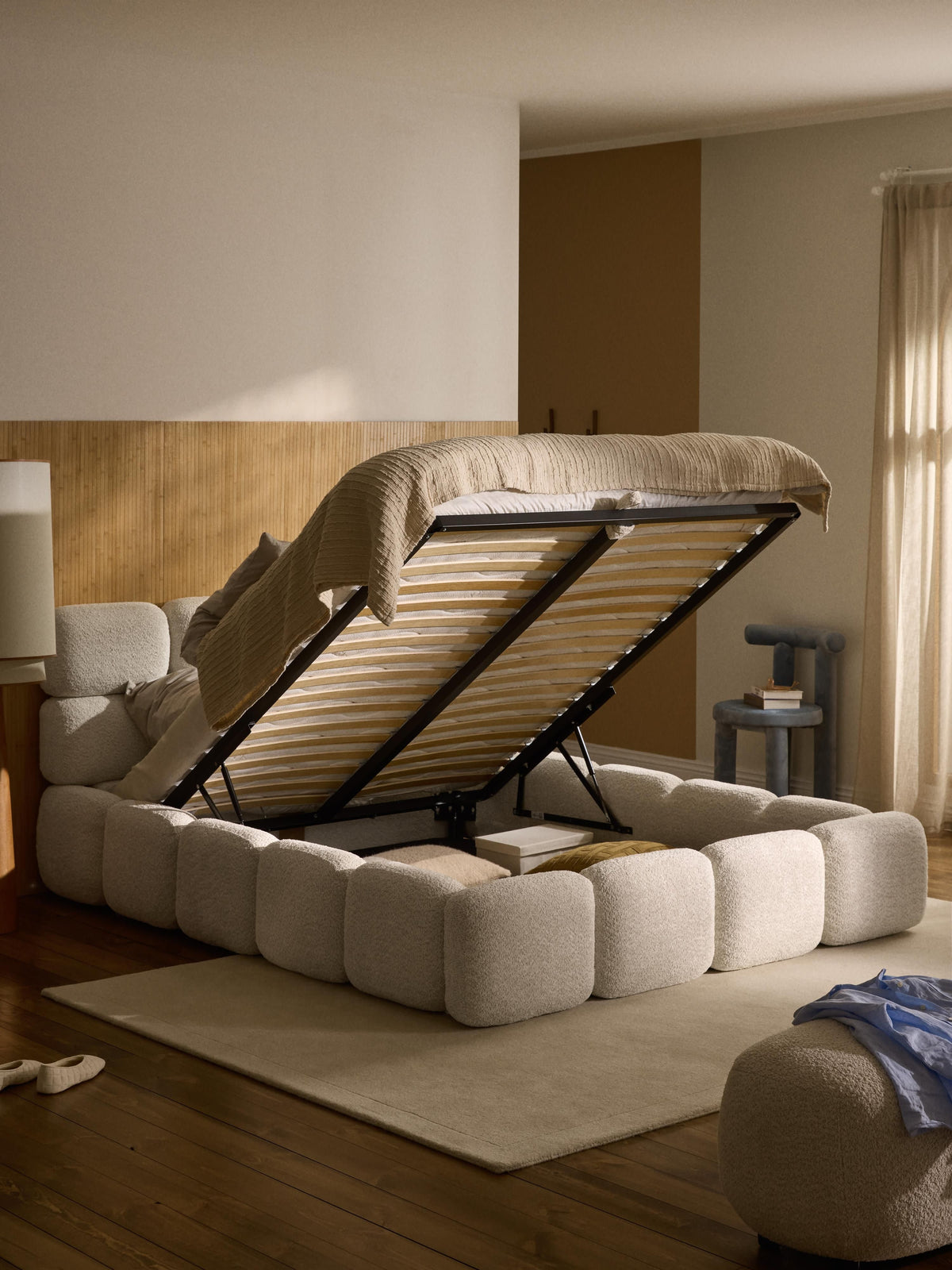 Taybela Upholstered Bed in Teddy Bouclé with Storage