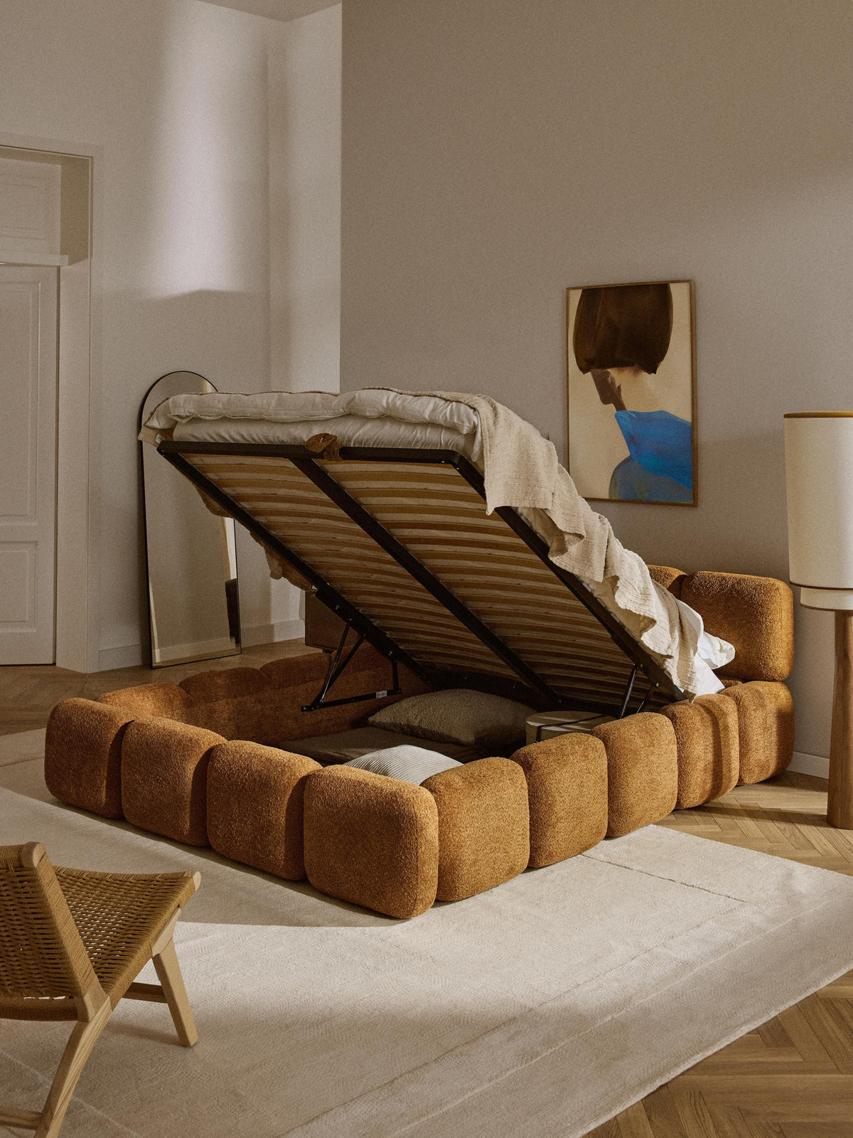 Taybela Upholstered Bed in Teddy Bouclé with Storage